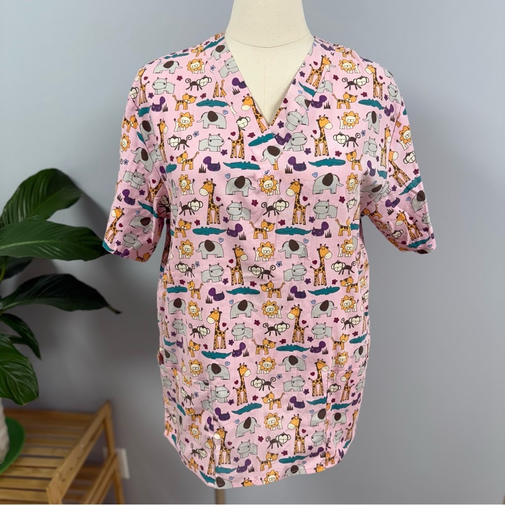 Carol’s Scrubs Plus 3X 24W Pink Animals Hippo Monkey Alligator Cotton Scrub Top